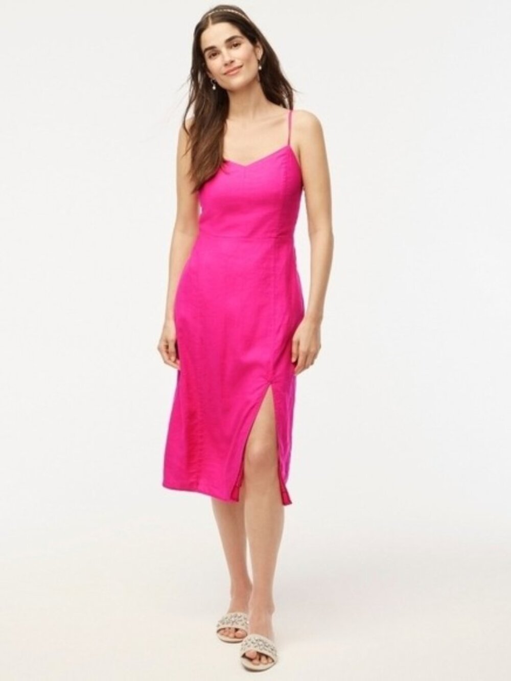 J Crew Factory 8 Linen Blend Slip Midi Dress Hot Pink Lined Strappy Side Slit
